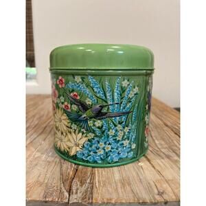 Vintage E. Otto Schmidt Marjolein Bastin Hummingbird Floral Tin Green Canister